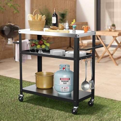 Outdoor Grill Cart Table, Indoor and Outdoor Pizza Oven Table with Three-Shelf(Black)