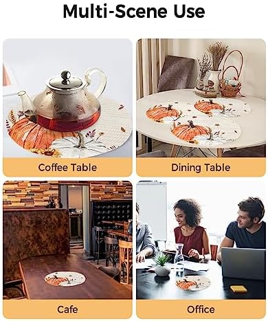 Round Placemats Set of 8 Harvest Pumpkin Fall Place Mats Maple Leaves Sunflower Ears of Wheat Circle Braided Placemat Heat Resistant Table Mat for Thanksgiving Autumn Harvest Decorations, 15 Inch