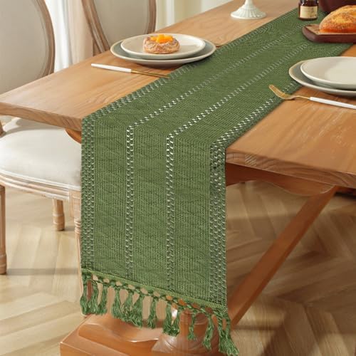Niviy Sage Green Boho Table Runner for Home Decor 108 Inches Long with Tassels, Rustic Macrame Cotton Linen Woven Coffee Table Runners for Bohemian Dining Table Decoration, Green
