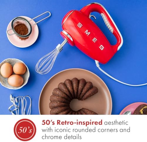SMEG HMF01 9-Speed Retro Hand Mixer – 220W Motor, Smooth Start, Turbo Function, LED Timer Display, Stainless Steel Whisks, Beaters & Dough Hooks, Premium Die-Cast Aluminum Body