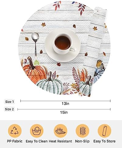 Round Placemats Set of 8 Harvest Pumpkin Fall Place Mats Autumn Maple Leaves Bird Circle Braided Placemat Heat Resistant Table Mat for Thanksgiving Autumn Harvest Holiday Decorations, 15 Inch