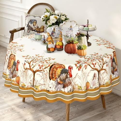 Fall Thanksgiving Double Border Decoration Tablecloth, Autumn Pumpkin Harvest Tablecloths, Waterproof Table Cover for Dinner Kitchen Party Holiday Decorations Round 60"