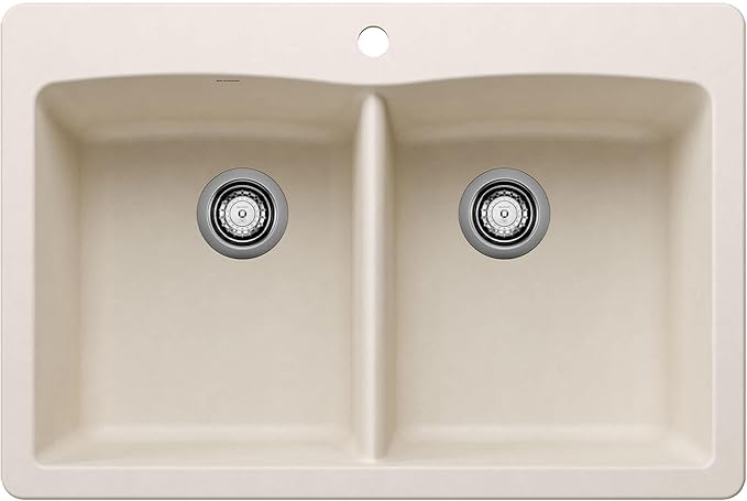BLANCO 443067 Diamond Silgranit Double Bowl Undermount or Drop-In Kitchen Sink, 33" L X 22" W - Soft White