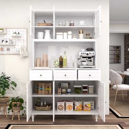 GIANTEX 77” Large Pantry Cabinet, Kitchen Buffet Hutch w/LED Lights 20 Colors, Outlet, 3 Drawers, Microwave Countertop, Freestanding Cupboard with 4 Adjustable Shelves & Tempered Glass Doors (White)