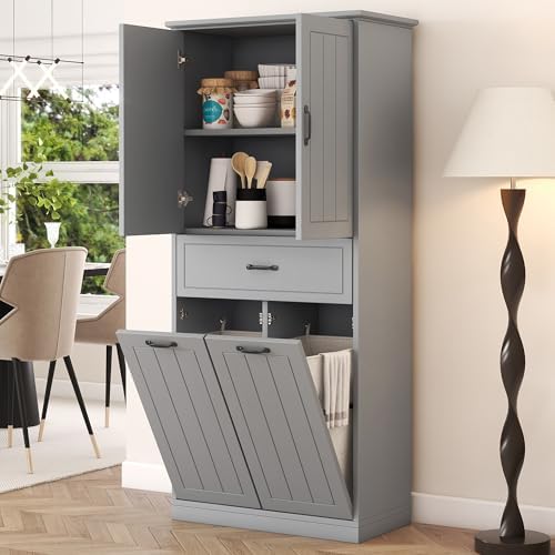 Merax 65.8" Pantry Cabinet with Two Doors & One Drawer & Two Laundry Hampers, Adjustable Shelves Storage Cupboard for Kitchen/Dining Room/Bathroom, Gray