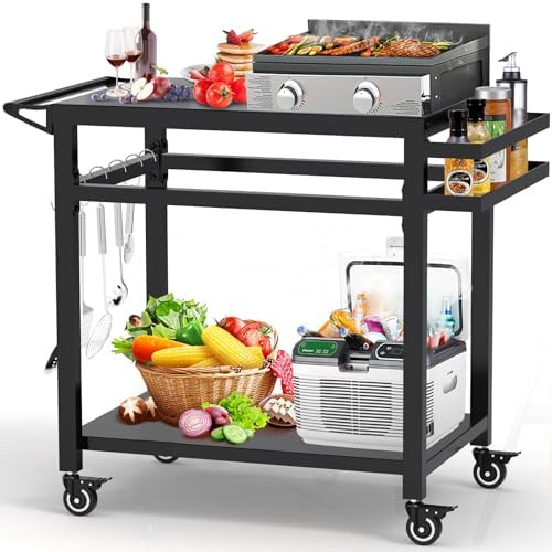 32" Double-Shelf Grill Table, Movable Grill Cart for Ninja