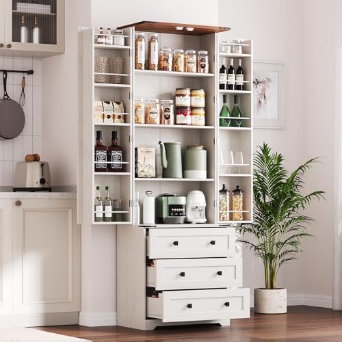 IDEALHOUSE Farmhouse Kitchen Pantry Cabinet - 72" Tall Large Wood Kitchen Storage Cabinets with Adjustable Shelves & 2 Barn Doors & 3 Drawer, Versatile Storage for Dining Room, Bathroom, Living Room