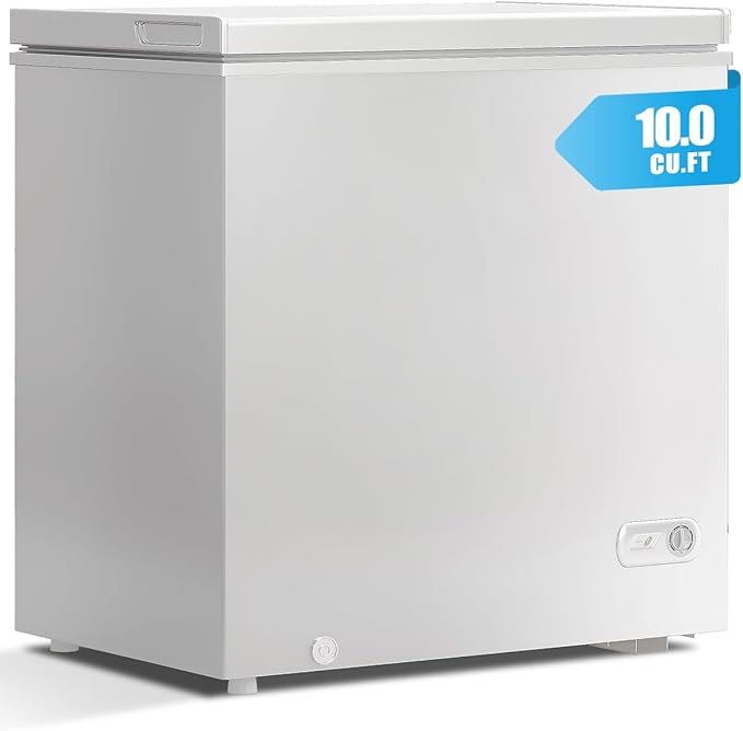 TABU 10 Cu Ft Deep Freezer,Top Opening Chest Freezer with Storage Basket, Energy Saving Compact Freezer with 7 Level Adjustable Thermostat, Removable Basket (White)