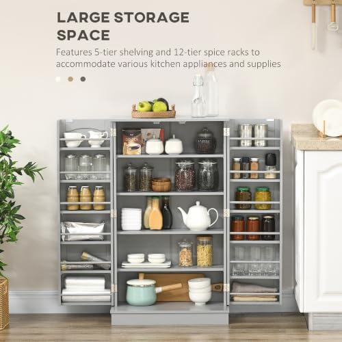 HOMCOM 41" Kitchen Pantry Storage Cabinet 12 Door Shelves Gray