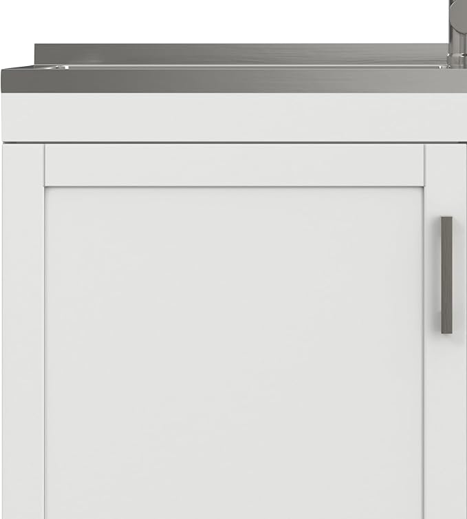 SIMPLIHOME Hennessy All-in-One 46 inch Wide Utility Sink and Laundry Cabinet in Pure White Finish, Transitional Stainless Steel Dual Sink Cabinet for Laundry Rooms with High-Arch Chrome Faucet