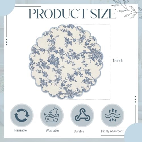 Set of 36 Blue Floral Cotton Placemat 15" Round Scalloped Navy Blue