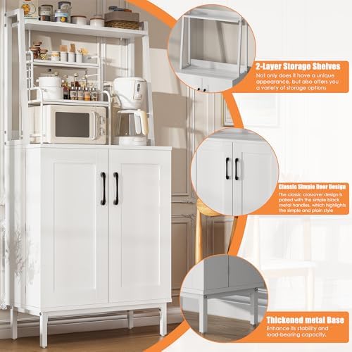 kepptory 51" Kitchen Baker's Rack with Storage, Microwave & Toaster Oven Stand, Freestanding Coffee Bar Station with Wine Glass Holder & Side Storage Shelves, White