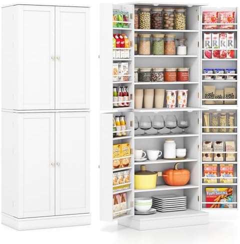 GIANTEX Kitchen Pantry Cabinet, 65.5" Tall Kitchen Hutch w/8-Tier Storage Cabinet, 16-Tier Door Shelves & Adjustable Shelves, 4-Door Freestanding Buffet Sideboard for Dining Room, Living Room, White