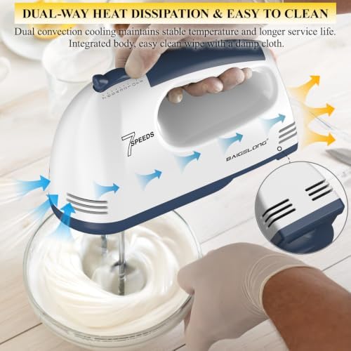 BAIGELONG Hand Mixer. 7-Speed Adjustable Kitchen Electric Mixer. With 5 Stainless Steel Attachments: 2 Hooks, 2 Beaters, 1 Whisk. Comes 1 Storage Box. Perfect for Bakers and New Starters, White