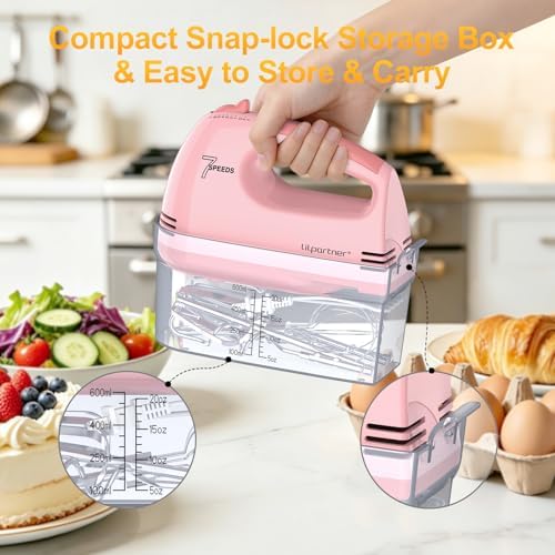 LILPARTNER Electric Hand Mixer with Storage Box, Ultra Power Kitchen Hand Mixer With 7-Speed & 5 Stainless Steel Accessories for Whipping Dough, Cream, Cake, Dishwasher Safe, LIGHT PINK BOX