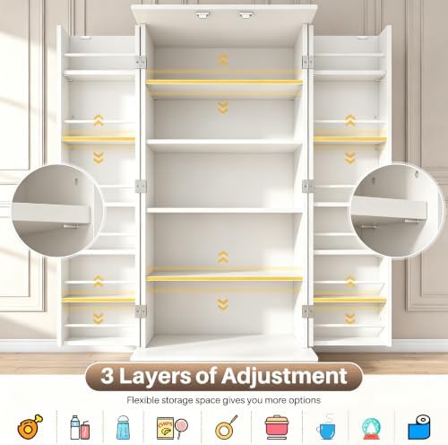 kepptory 47" Kitchen Pantry Storage Cabinet, Freestanding Tall Cabinet with Doors and Adjustable Shelves, Large Food Storage Organizer for Kitchen, Dining Room, Living Room, Farmhouse Cupboard, White