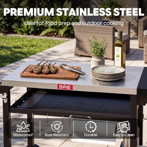 Feasto Grill Cart, 40x26 Inch Outdoor BBQ Cart with Foldable Side Shelf