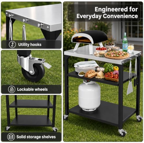 Hisencn 3-Shelf Pizza Oven Table with Lockable Wheels,31.5"L x 24"W
