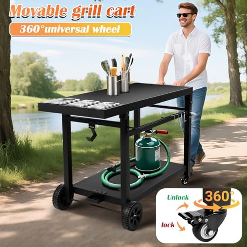 Black Cast Iron 2-Shelf Grill Cart with Wheels,Heavy Duty Pizza Oven Stand for Blackstone Ninja,Outdoor Cooking Station with Durable Tabletop