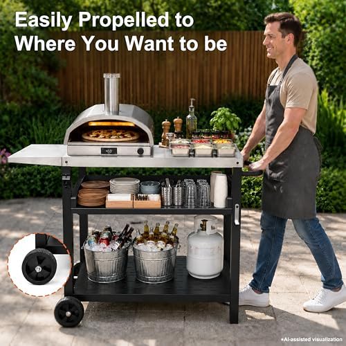 Outdoor Grill Cart for Blackstone/Ooni/Ninja, 43.3"x20" Stainless Steel Outdoor Grill Table with Propane Tank Mount & Wheels, Movable Outdoor Cooking Table with Storage for Pizza Oven, Patio, Camping