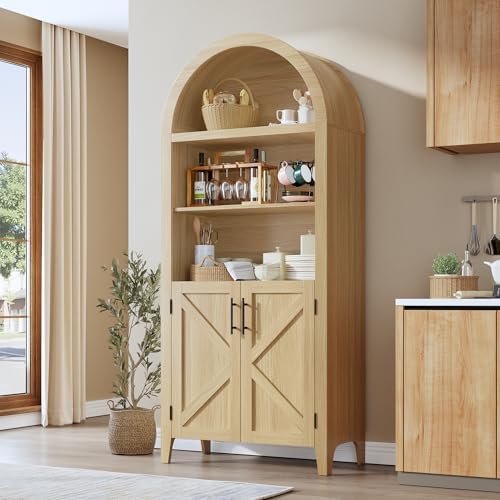 Garvee Arched Cabinet with Doors, 5-Tier Kitchen Pantry Cabinet with Adjustable Shelves, Wooden Open Farmhouse Storage Organizer for Kitchen, Dining Room, Living Room, Home Office, Natural