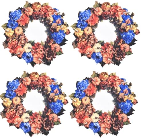 Maison Charlo - Set of 4 Waterproof Placemats Thanksgiving Pumpkin Wreath - Dining Table Decor, Home Decor - Washable Heat Resistant for Parties, Kitchen Table - Orange