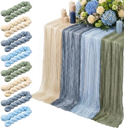 8 Pcs Sage Green and Dusty Blue Cheesecloth Table Runner 118"