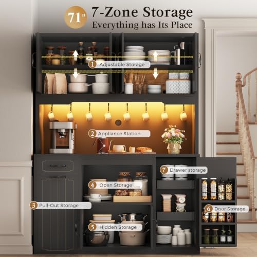 Fluted Kitchen Pantry Cabinet with Charging Station & LED Light, 47" Wide Kitchen Pantry Storage Cabinet with Countertop, Microwave & Appliance Storage, Food Pantry Cabinet for Dining Room ,Black