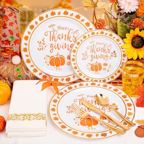 LIYH 175 Pcs Thanksgiving Plastic Plates and Napkins Sets, Thanksgiving Disposable Plates Heavyduty, Gold Plastic Silverware, Fall Pumpkins Plate for Autumn Harvest Day 25 Guests