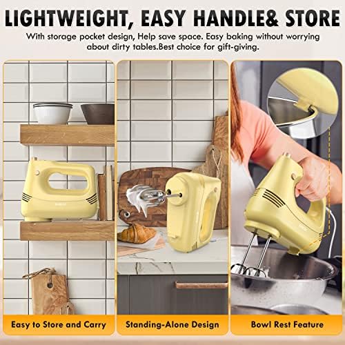 GUALIU Electric Hand Mixer, 304*(2* Beaters, 2* Dough Hooks), (1* Storage Bag) Handheld Mixer for Baking Cakes, Eggs, Cream Food Mixers, Turbo Boost /5 Speed Kitchen Blender YELLOW