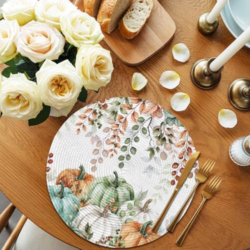 Fall Round Placemats Set of 2 Thanksgiving Autumn Eucalyptus Leaf Place Mats Woven Placemat Sage Green Maple Leaves Pumpkin Circle Braided Table Mat for Kitchen Holiday Party Fall Decor 15 Inch