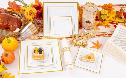 Festiva 350Pcs Gold Plastic Plates - Disposable Square Gold Plates Dinnerware set include 9.5"/6" Plates,Cups,Plastic Cutlery,Hand Napkins Perfect for 50 guests Party&Birthday&Wedding