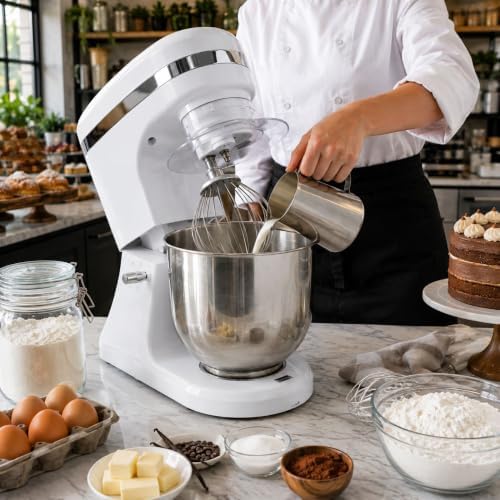 Restaurantware Hi Tek 7.4-Qt Electric Stand Mixer 1 Tilt-Head Kitchen Mixer With Stand - Includes Dough Hook Whisk & Beater 110V/60Hz White Aluminum Stand Mixer Up To 660 RPM