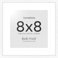 Homeforia 8x8 White Picture Frame, High End Metal 8 x 8 Square Photo Frames with Mat 6 by 6, 8x8 Poster Frame Matted to 6x6 inch Print, 8by8 Wall or Tabletop Frames, Tempered Glass, Wall Kit, Set of 1
