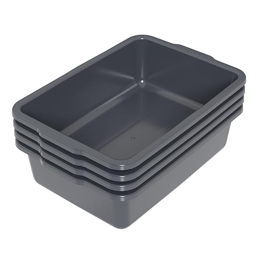 23 L Plastic Commercial Utility Bus Box, 4-Pack Plastic Bus Totes for Restaurant Gray