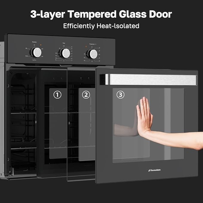 ThermoMate 24" Electric Wall Oven, ETL Certified, 2.8 Cu. Ft. Built-in Electric Wall Oven with 5 Cooking Functions, Black, Anti-Mistouch Knob, Removable 3-Layer Glass Door, 2200W