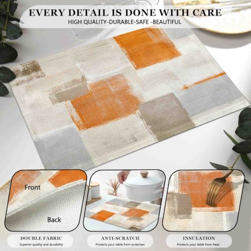Mcalk Farmhouse Orange Table Runner and Placemats Set of 6 Pieces, Brown Placemats Modern Art,Grey Abstract Art Cloth Place Mats Indoor for Kitchen,Linen Material for Dining Table