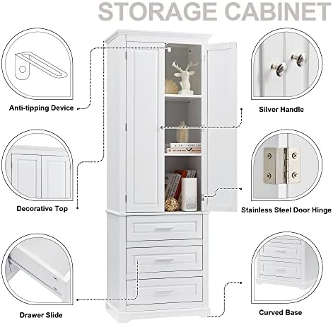 Merax 70" Pantry Cabinet with Two Doors & Three Drawer, Adjustable Shelves Storage Cupboard for Kitchen/Dining Room/Bathroom, White