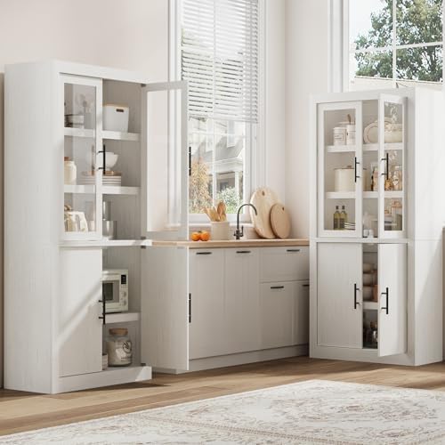 Takywep 70.45” Tall Farmhouse Kitchen Pantry Cabinet, Wood Storage Cabinet with 4 Doors & Adjustable Shelves, Anti-Tip Design, Sturdy Bookcase for Kitchen/Dining/Office, Rustic White-Glass