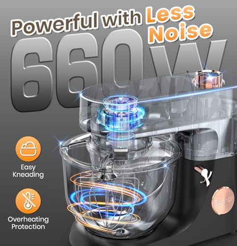 Stand Mixer 6QT Kitchen Mixer with LED Smart Touchscreen, 11-Speed Tilt-Head Mixer with Timer, 4 Preset Menus, Stainless Steel Bowl, Dough Hook, Whisk, Beater (Black, 6Qt)