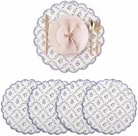 Ridhi Floral Block Print Round Placemats 15 Inch, Set of 4, Powder Blue