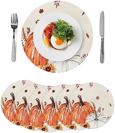 Round Placemats Set of 8 Harvest Pumpkin Fall Place Mats Maple Leaves Sunflower Ears of Wheat Circle Braided Placemat Heat Resistant Table Mat for Thanksgiving Autumn Harvest Decorations, 15 Inch
