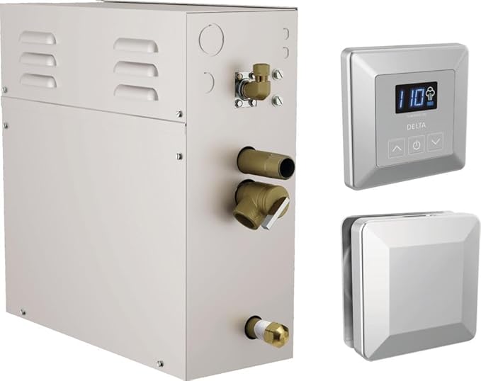 Delta Faucet SimpleSteam 7.5kW Steam System Kit Chrome, Includes 7.5kW Steam System Generator, Square Digital System Control, Square Steam Head, Lumicoat Chrome 5P-EST07-PR
