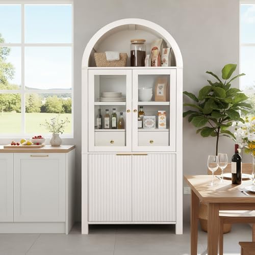 KEIKI 71" Tall Arched Kitchen Pantry Cabinet with Glass Door,Hidden Drawer,Farmhouse Storage with Adjustable Shelves Design for Kitchen,Living & Dining Room