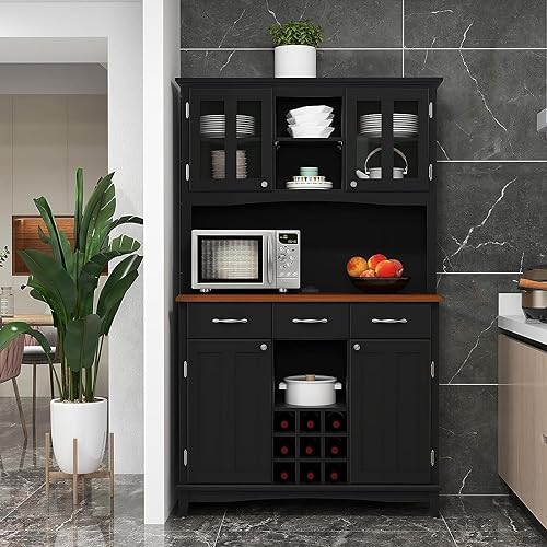 72.5'' Kitchen Pantry Cabinet, Tall Buffet Sideboard w/ 3-Position Adjustable Shelves & 9-Grid Wine Rack, Freestanding Microwave Cabinet for Kitchen, Dining Room, Living Room (Black)