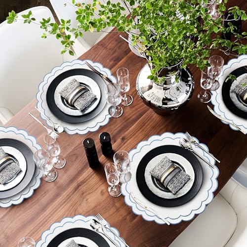 Set of 8 Cotton Linen Placemats, 15x15 Scalloped Flower Embroidery Cloth Table Mats Double Layered Fabric Machine Washable Wrinkle Free Dining Placemat for Restaurant Kitchen Decor, White with Blue