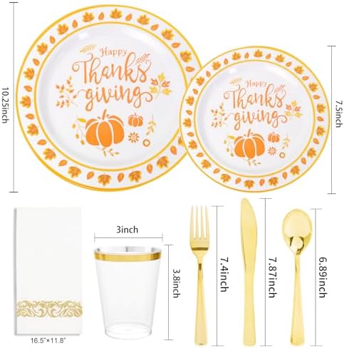 LIYH 175 Pcs Thanksgiving Plastic Plates and Napkins Sets, Thanksgiving Disposable Plates Heavyduty, Gold Plastic Silverware, Fall Pumpkins Plate for Autumn Harvest Day 25 Guests