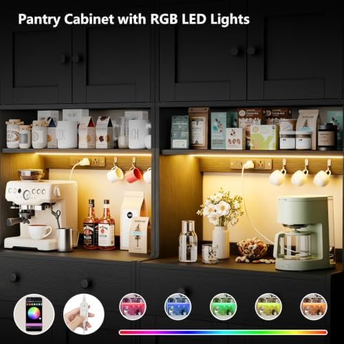 71" Tall Kitchen Pantry Cabinet with Microwave Countertop, LED Lights Black