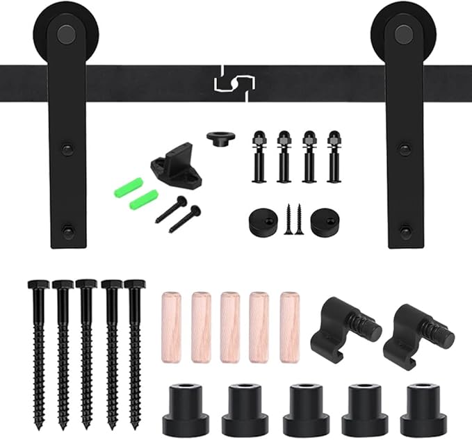 CCJH 12FT Single Sliding Barn Door Hardware Kit Black Carbon Steel Hanger Flat Track System for Closet Kitchen 1 Door 72 inch Wide, Smoothly and Quietly I Shape Roller