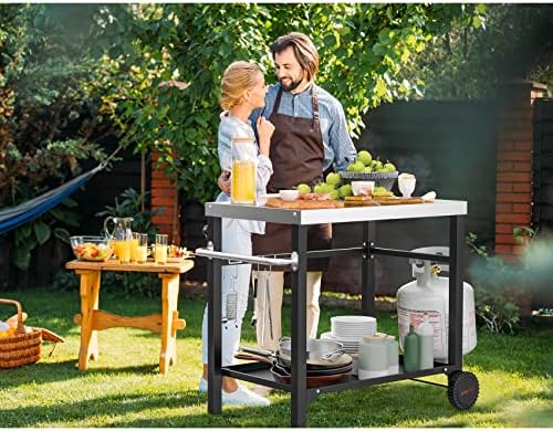 onlyfire 33.6"x21.7" Pizza Oven Table, Stainless Steel Movable Dining Cart